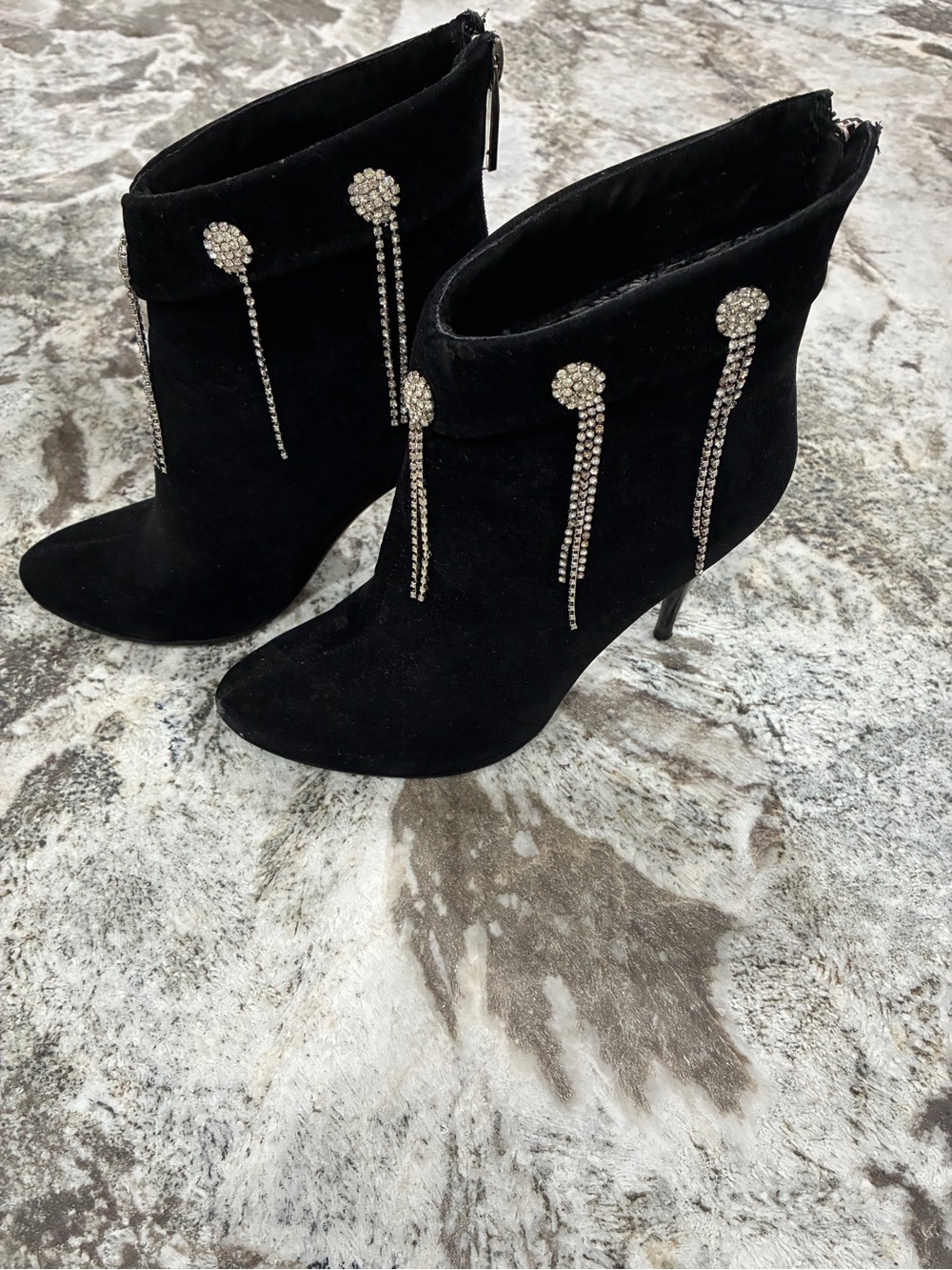 Black Embellished Suede Ankle Boots - Women's Fashion Heels